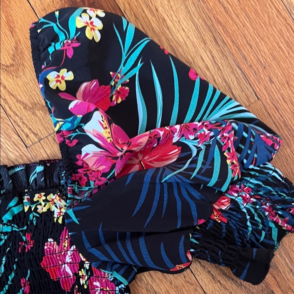 Revamped Floral Off-Shoulder Smocked Crop Top - Black, Pink, Teal - Picture 3 of 4